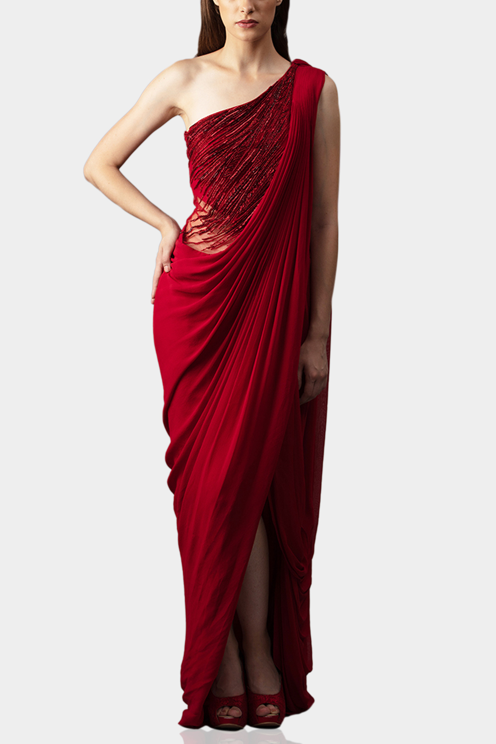 Lava red embellished sari gowna 